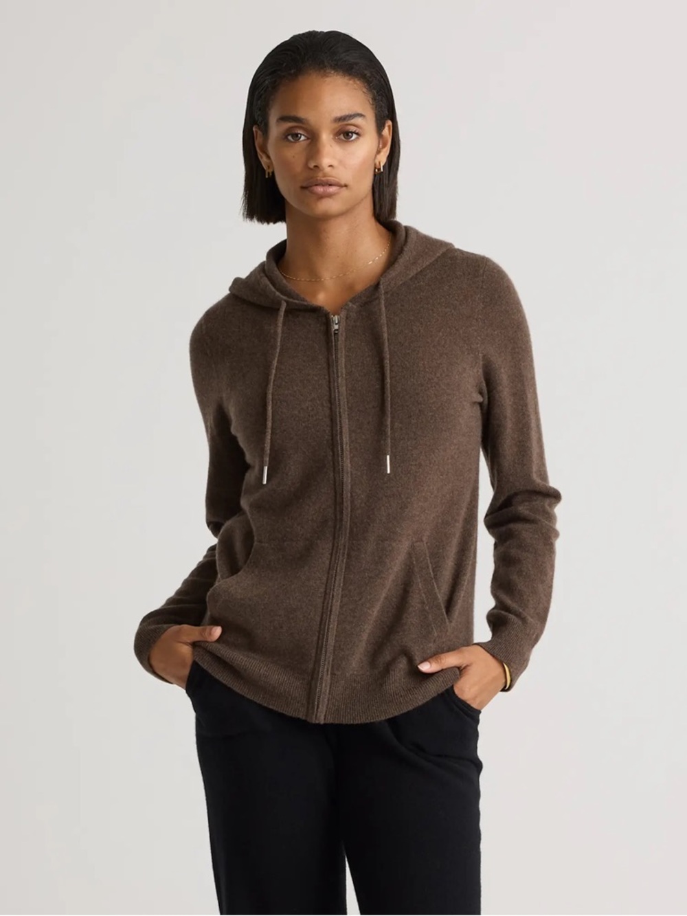 NWT Quince Cashmere Zip Hoodie Brown Sweater Small